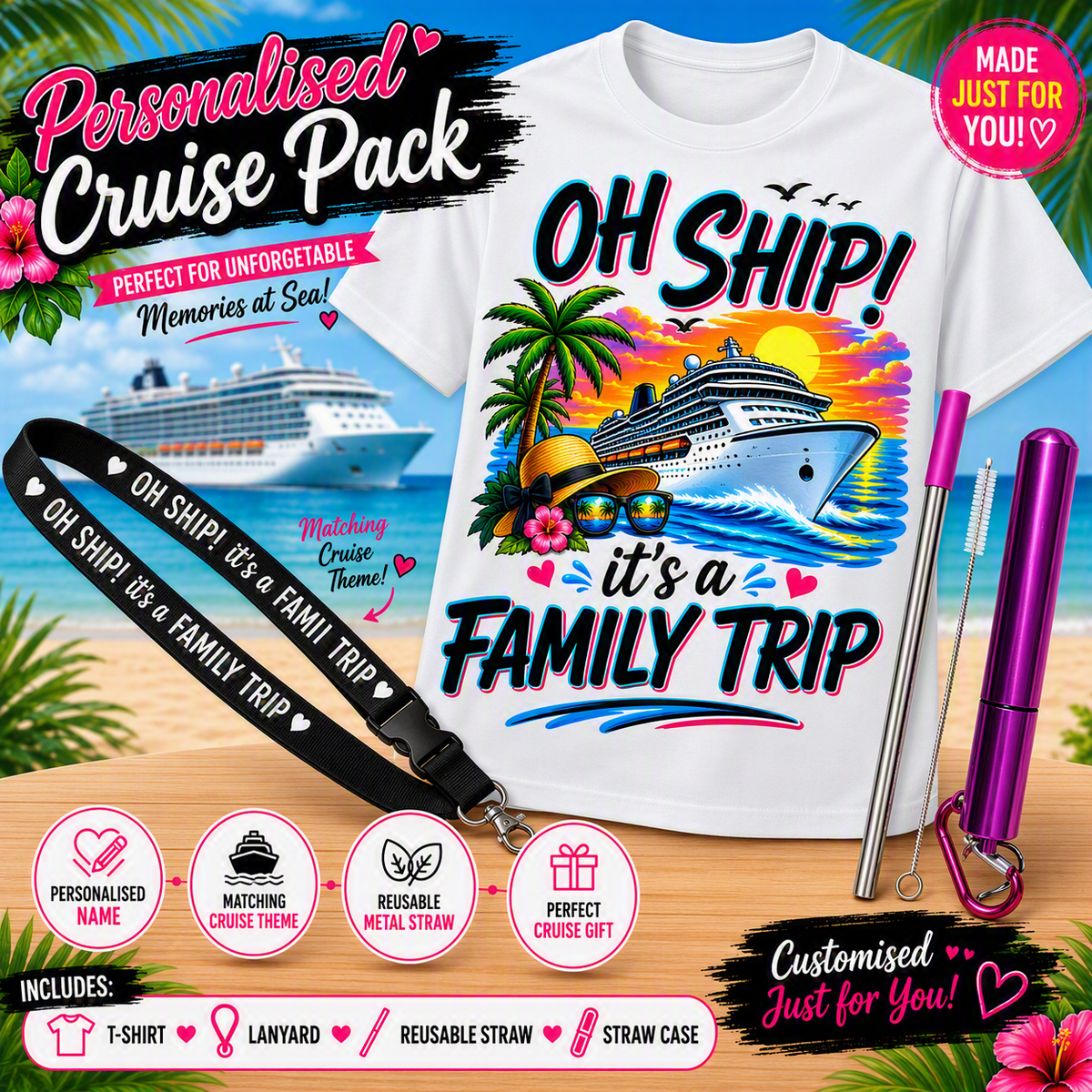 Personalised Cruise Packs - Shirt, Lanyard, Straw/Tumbler/Wine/Coffee